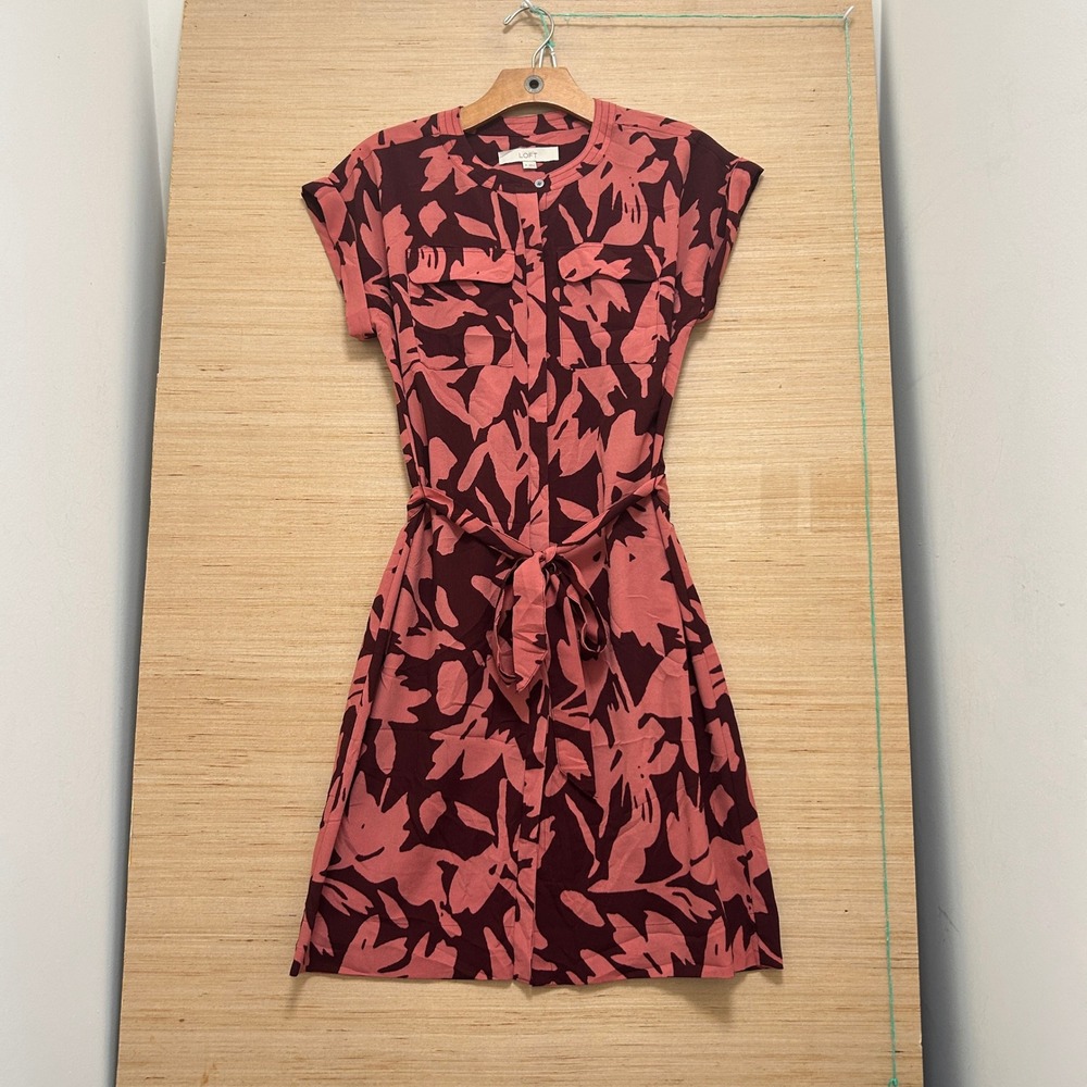 LOFT Pink Burgundy Abstract Floral Shirt Dress XS Short Sleeve Belted